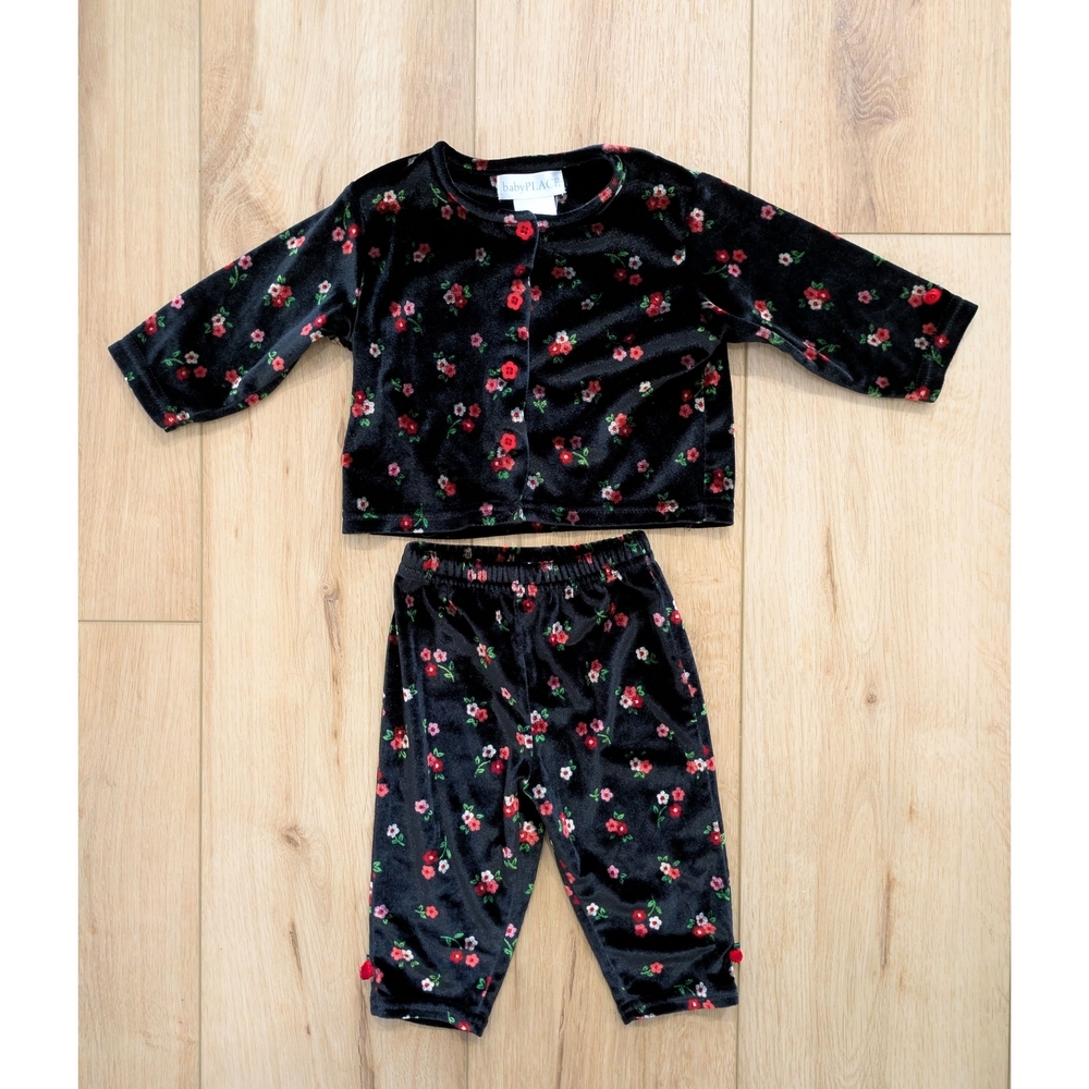 Vintage Black Velour Floral Baby Outfit Set